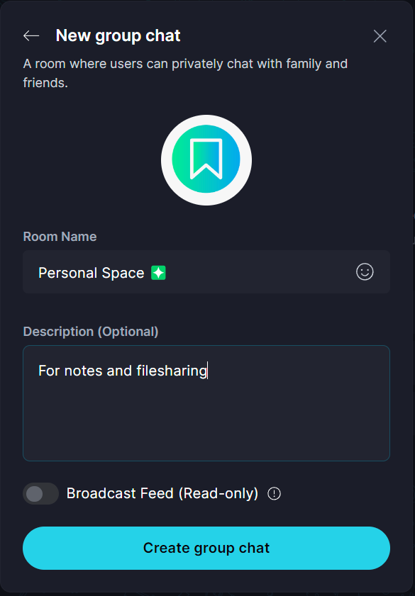 Personal Group 📂 · Add details for your new chat Keet app screenshot: Add details for your new chat.