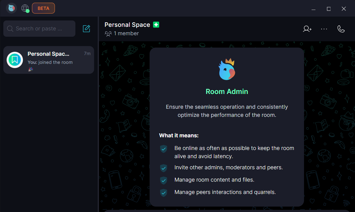 Personal Group 📂 · Explore possibilities Keet app screenshot: Explore possibilities.