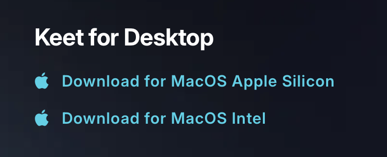 Installation · MacOS Keet download page with the macOS DMG installer on keet.io.