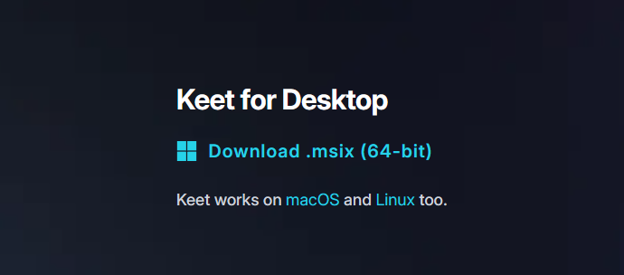 Installation · Windows Keet download page with the Windows installer on keet.io.