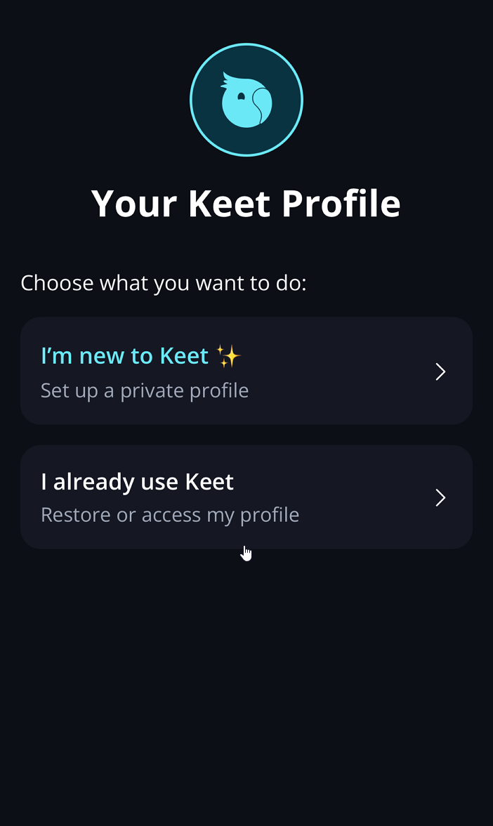 Profile Recovery Install Keet on a new device and select 'I already use Keet' / 'Recover profile'.