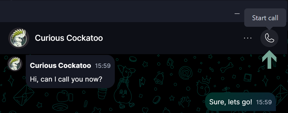 Voice calls π Alternatively, you can start a call in the group - either DM or a regular group if calls are enabled - by cβ¦.